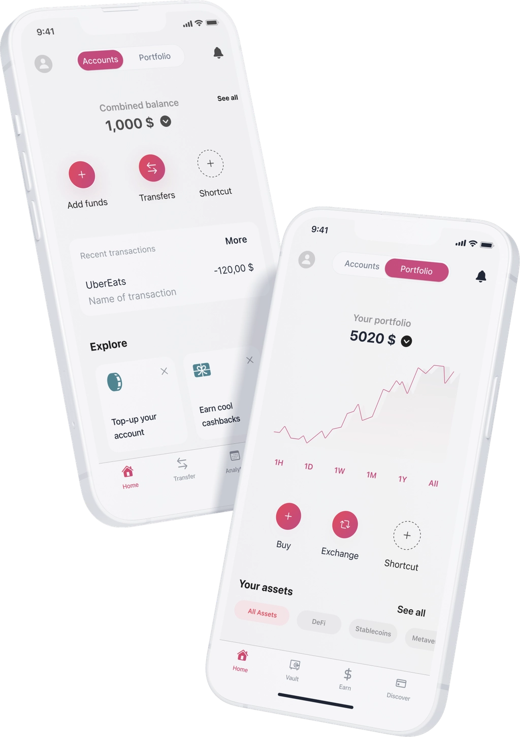 Concept 1: an Accounts tab for daily activity beside a Portfolio tab for investments
