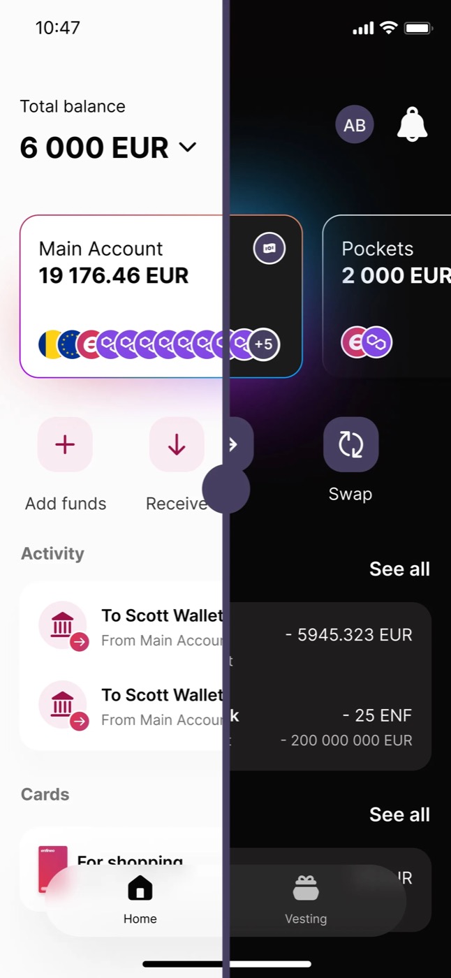 Enfineo's Main Account screen, shown in light and dark theme side by side