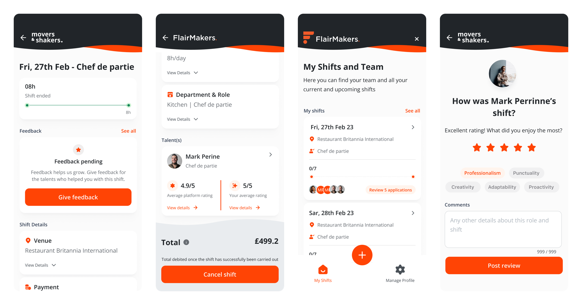 The FlairMakers app across four screens: a completed shift with a feedback prompt, a shift's payment breakdown and talent ratings, a My Shifts and Team overview, and a structured post-shift review with quality tags