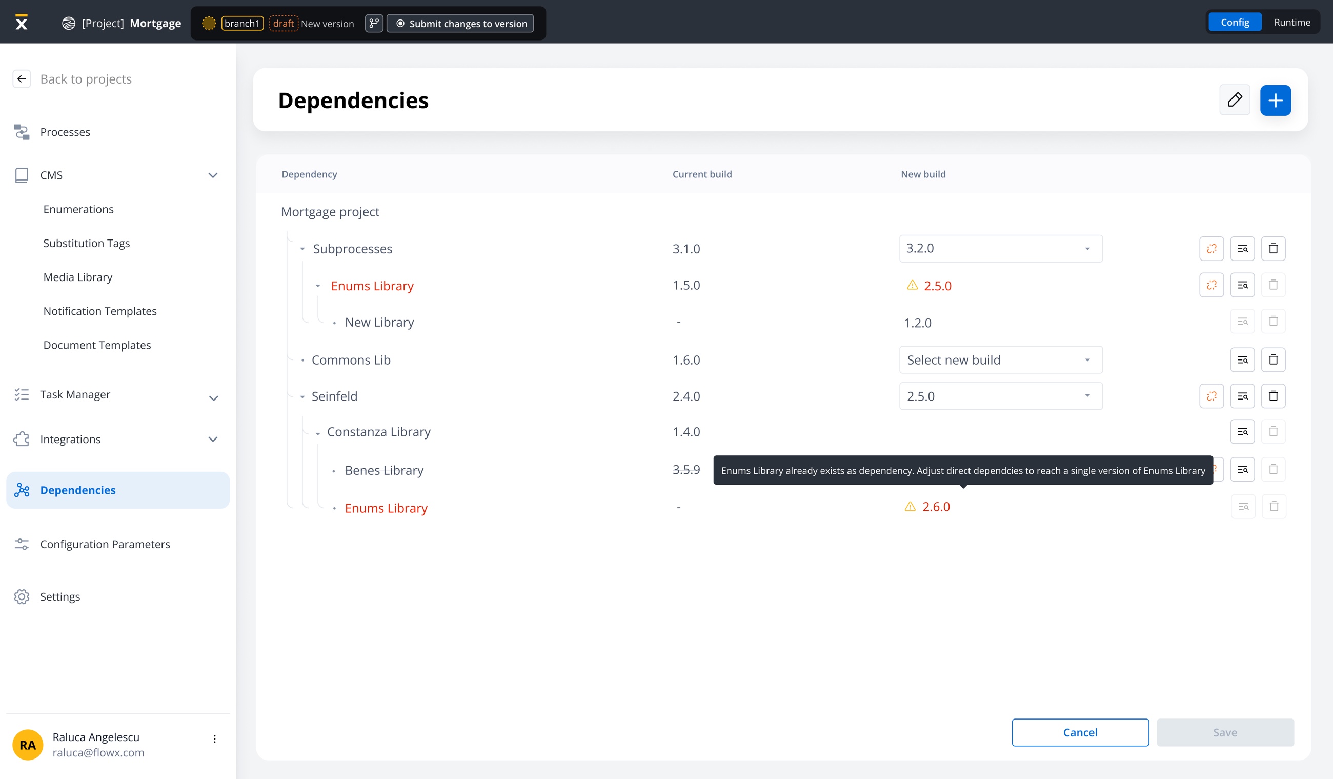 The Dependencies page for a project, listing subprocesses and libraries as a nested tree with current and new build versions; a conflicting Enums Library is flagged in red with a tooltip explaining that it already exists as a dependency
