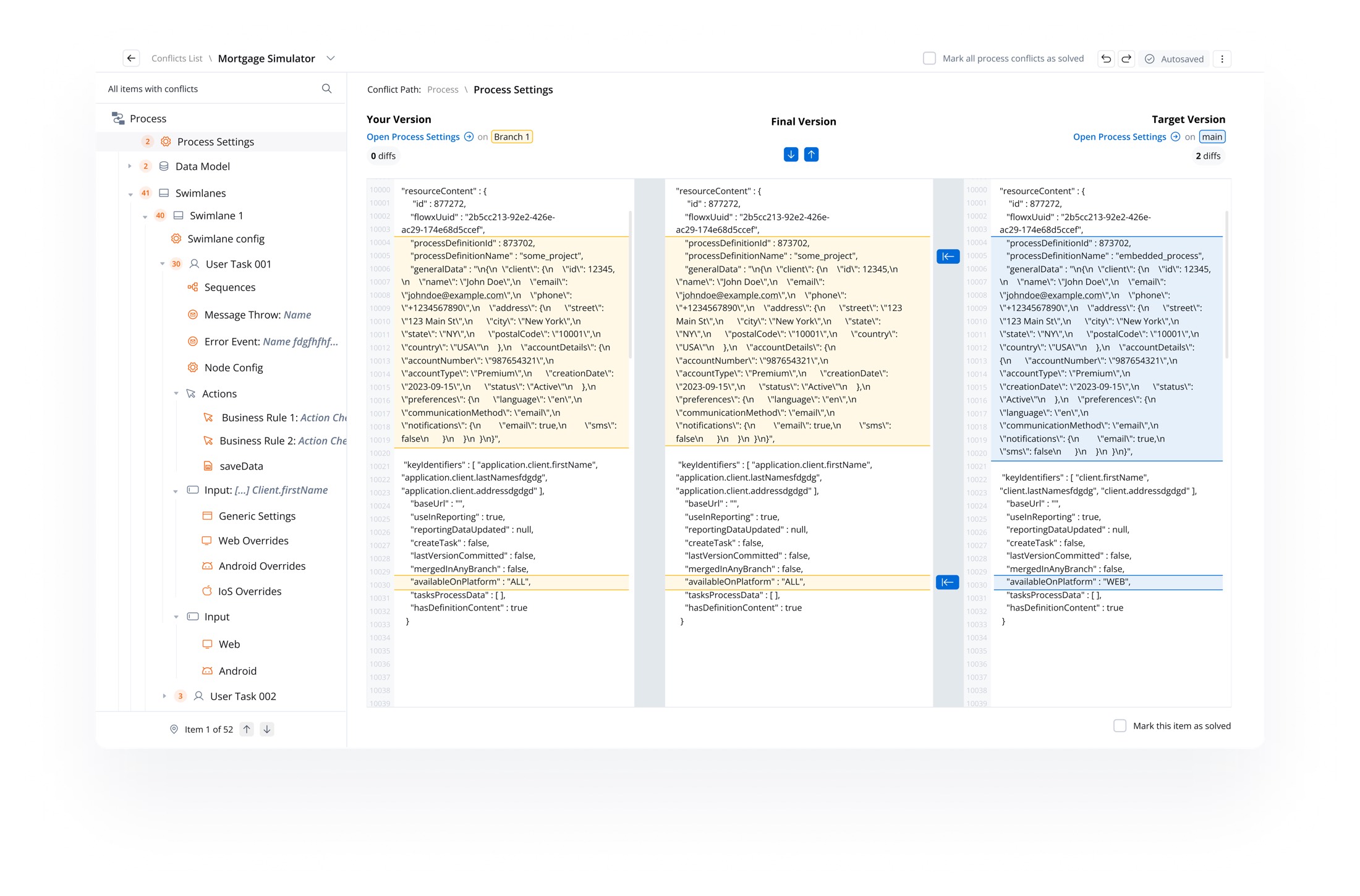 The redesigned merge-conflict view: a conflicts tree organized by process structure, a breadcrumb path, and per-resource diffs that can be marked resolved