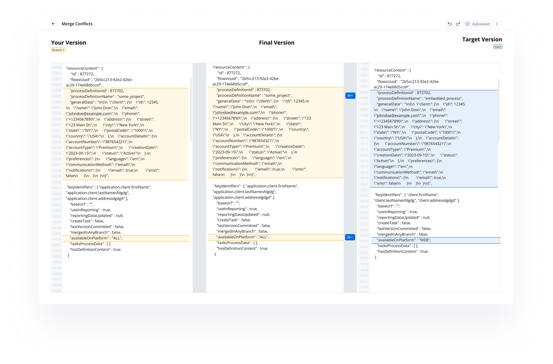 The original merge-conflict view: three raw JSON columns for your version, the merged result, and the target version