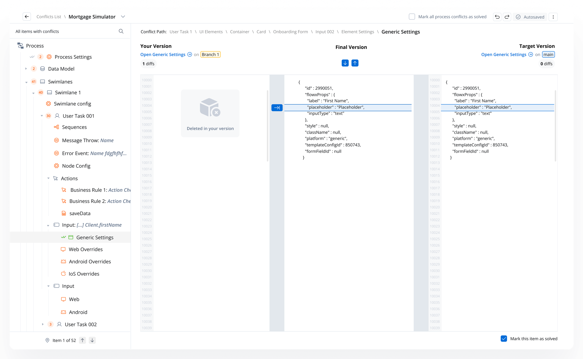 The Mortgage Simulator conflict view: a BPMN-structured tree on the left, a breadcrumb conflict path, and a per-resource diff with a deleted-in-your-version state