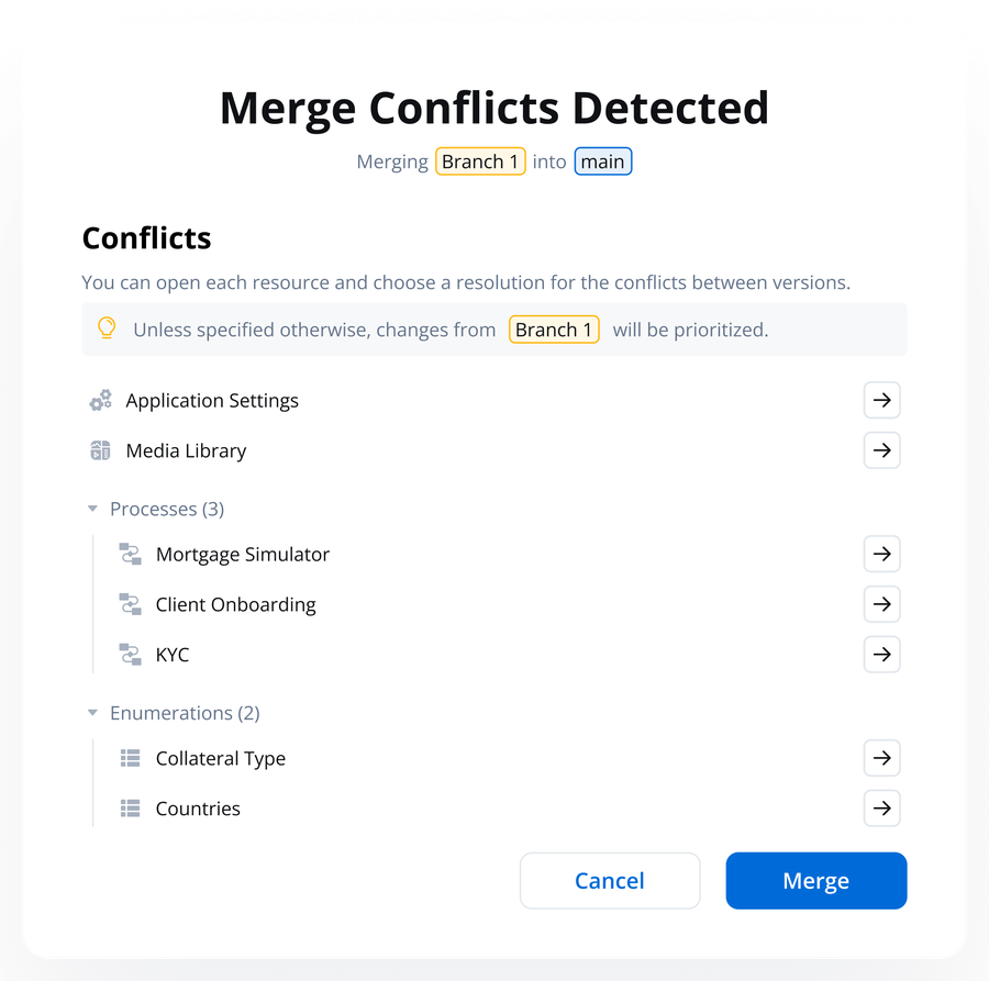 The Merge Conflicts Detected modal, listing every affected resource up front before diving into any of them